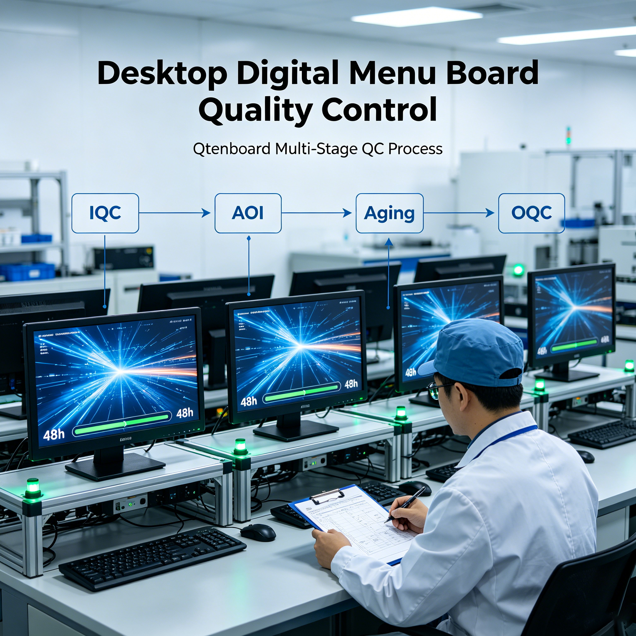 Últimos blogs de la empresa sobre Desktop Digital Menu Board Quality Gates | Qtenboard Manufacturing QC Process