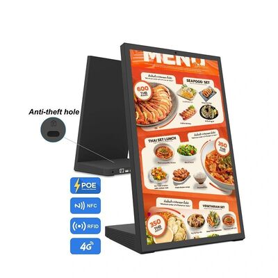 Visualización de mesa de restaurante con pedidos táctiles y reproducción de menú en vídeo